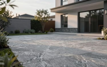 A luxury residential courtyard in Romania featuring high-quality stamped concrete with a natural stone texture. The colors are elegant greys and slates reflecting #AEB9B4 and #2E3A3A. The lighting is soft morning sun, highlighting the craftsmanship and clean edges against a modern house exterior.