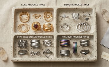 Gold silver titanium and stainless steel knuckle rings displayed in modern jewelry setup