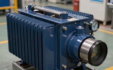 A close-up of a specialized industrial transformer inside a clean warehouse facility. The equipment is painted in a sleek Deep Navy Blue. Technical details like cooling fins and heavy-duty gauges are visible. The lighting is bright and industrial, reflecting off the Steel Blue metallic surfaces.