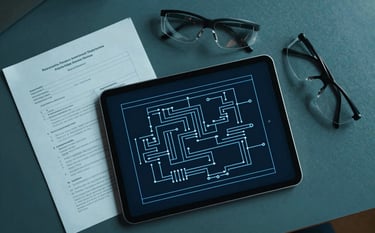A top-down view of a technical consultant's desk. A tablet displays a complex electrical schematic with Deep Navy Blue lines. Next to it, official regulatory documents and a pair of industrial safety glasses. The palette is dominated by Dark Teal and Soft Mist Blue.