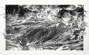 Linogravure, estampe originale,  représentant des vagues.