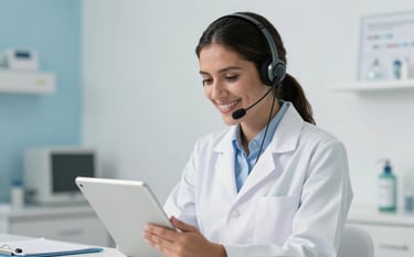 A South American pharmacist wearing a white coat and a modern headset, smiling while looking at a tablet in a clean, bright medical office with light blue accents. Professional and warm atmosphere, soft natural lighting.