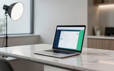 A modern, minimalist office in a high-end South American aesthetic clinic. A sleek laptop sits on a white marble desk, displaying a clean and professional software dashboard with blue and green accents. Professional studio lighting, airy atmosphere, Brazilian design influence.