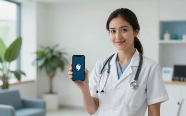 A professional South American healthcare provider in a clean, modern aesthetic center, holding a smartphone that displays a notification icon. The background features bright, soft-focus clinic interiors with green plants and blue decorative elements.