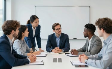 A diverse group of professionals collaborating in a clean, modern workshop setting. They are engaged in strategic planning around a large table with notebooks. The style is inviting yet authoritative, with a color palette reflecting #3F5A7B and #F8F9FA to convey expertise and support.