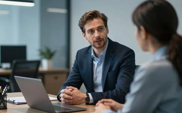 A confident coach in a high-end, comfortable consultative office, speaking with a client about leadership development. The mood is growth-oriented and supportive. The lighting is cinematic, highlighting tones of #1C2C3F and #AEC2D6 to evoke a sense of professional mastery.