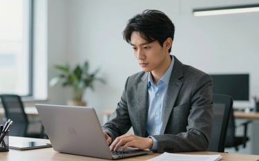 A high-quality, professional photograph of an individual in a bright, modern office space using a high-end laptop. The lighting is natural and soft, creating an empowering and focused atmosphere. The color palette includes subtle touches of #AEC2D6 in the room's decor and #1C2C3F in the subject's professional attire.