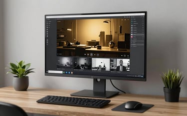A minimalist home office with a large monitor showing high-resolution video content, cinematic lighting with matte gold highlights, professional North American office setting, clean and sophisticated composition.