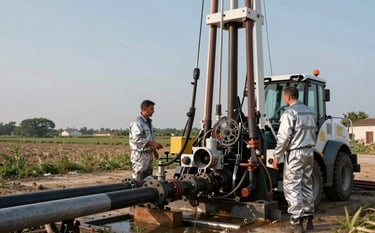 A high-quality photograph of a water drilling rig and hydraulic pipes in a French / European rural landscape. Professional technicians in silver grey uniforms overseeing the operation. Clear sky, daytime lighting with soft white reflections on the equipment.