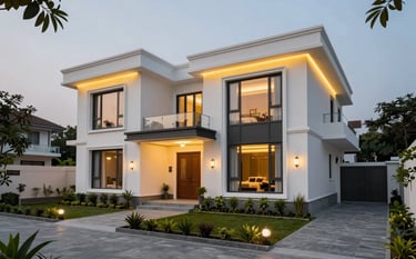 A luxury residential villa in Mysuru featuring modern South Asian / Indian architecture. The building has clean White walls, large glass windows, and elegant Yellow accent lighting at dusk. The landscaping is manicured with Grey stone pathways, exuding a premium and trustworthy residential atmosphere.