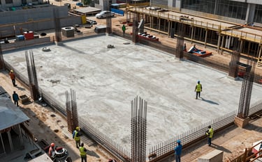 A high-angle professional photograph of a modern civil construction site in South Asian / Indian urban environment. The scene shows high-quality steel reinforcements and a clean concrete foundation being prepared. Workers wear professional safety gear. The lighting is bright morning sun, emphasizing a clean and organized workspace with Grey and White equipment.