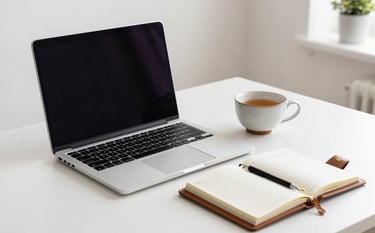 A high-end, clean British home office desk featuring a silver laptop, a ceramic cup of tea, and an organized leather-bound planner. The setting is bright and professional with off-white walls and a hint of a potted plant in the background, conveying efficiency and modern remote work.