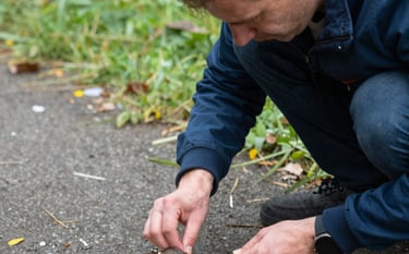 Close-up photography of a professional rodent control setup in a clean Moroccan commercial kitchen. A technician's hand in a blue glove is placing a safe, tamper-proof bait station near a wall. The setting is bright and highlights hygiene and safety, using a color palette of Off-white and Dark Navy.