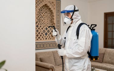 A professional pest control technician in a clean white uniform and protective mask, using specialized spraying equipment in a corner of a modern North African living room with Moroccan geometric patterns on the wall. The lighting is bright and professional, emphasizing a clean and safe environment. Dark Navy and Light Blue accents are visible in the technician's gear.
