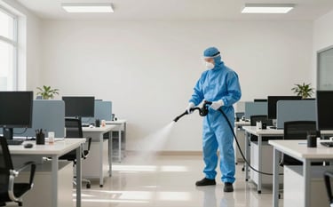 A wide shot of a bright, clean North African office space being professionally disinfected. A specialist in a blue protective suit is using a fogging machine. The lighting is natural and airy, highlighting a safe and healthy workspace. Palette colors: Off-white floors and Blue-Grey equipment.
