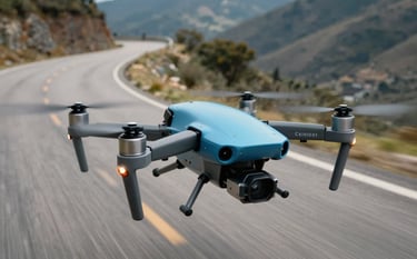 Cinematic shot of a drone filming a high-speed scene on a winding mountain road in Latin America. The lighting is crisp daylight, highlighting the steel blue and light blue metallic details of the drone equipment. Professional and high-tech atmosphere.
