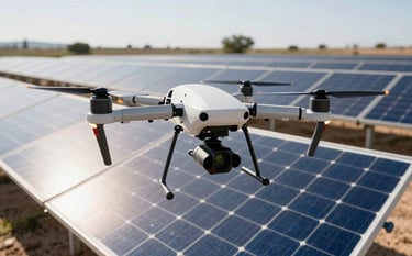 Detailed photography of a specialized industrial drone inspecting a large solar panel farm. The setting is a bright, clear day in a Spanish landscape. The focus is on the precision sensors of the drone, with a background of steel blue panels and off-white reflections.