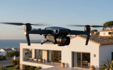 Professional high-end drone hovering above a luxurious modern estate in a Spanish coastal town during golden hour. The composition is balanced and elegant, featuring a dark blue and off-white color palette. Clear, sharp photography with warm sunlight glinting off the camera lens.