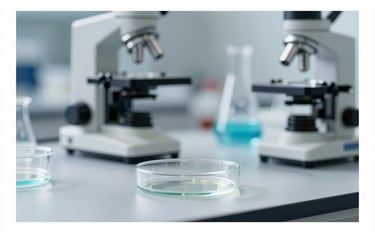 A clean, optimistic high-tech laboratory scene. A glass petri dish and advanced pharmaceutical equipment are shown in sharp focus with a shallow depth of field, utilizing #1A2F2F and #F3F8F8 to convey elite scientific research.