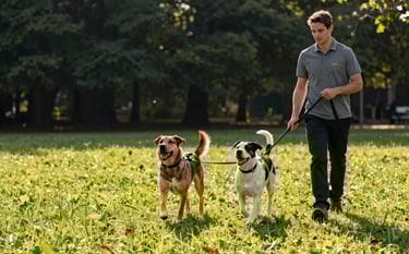 An action shot in a sun-drenched park with vibrant green grass and dark forest green trees in the background. Two happy dogs are walking energetically on leashes, looking up at their professional walker. The scene exudes health, vitality, and professional animal care.