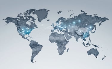 A sophisticated visual of a world map with interconnected data points and light streaks in #4F77CC. The image conveys global reach and precise digital targeting. Clean, corporate, and technology-focused style.
