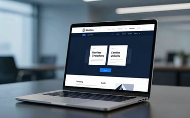 A modern, minimalist laptop displaying a high-converting, dark-themed website design. The surrounding environment is a luxurious, blurred executive office with cool blue ambient light (#1E3A8A). Professional, elegant, and tech-driven.