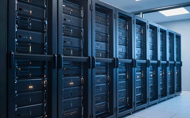 A sleek and professional view of a modern data center with rows of illuminated server racks in dark blue and light blue hues. The composition is clean and architectural, representing a high-tech global facility. Global / International setting.
