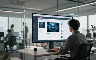 A professional in a minimalist glass-walled office using a sleek digital interface, reflecting a collaborative environment where AI tools enhance human workflow. Soft morning light, Global / International atmosphere.