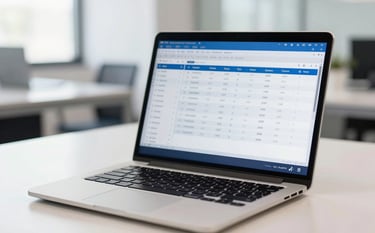A close-up shot of a sleek, high-end business laptop in a bright South American corporate office, displaying professional accounting software, surrounding area clean and organized with medium blue accents, high resolution photography.