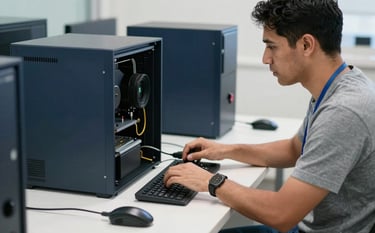 A professional South American technician in a modern office environment, performing preventive maintenance on a high-end desktop computer using specialized tools, bright and clean workspace with dark blue and soft gray accents, professional photography.