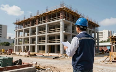 A wide-angle photography shot of a modern construction site in a South American / Brazilian urban area. A professional wearing a hard hat and slate blue vest is inspecting the structural layout. The scene is bright and sharp, conveying expertise. Colors: deep navy, sky gray.