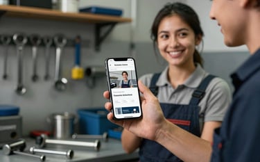 A medium shot of a friendly small business owner in a clean, organized automotive workshop. They are holding a smartphone showing their new business website. The lighting is warm and supportive. The background features tools and equipment in soft silver grey and dark navy blue tones.