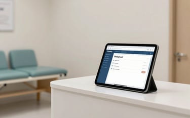 A clean, modern physiotherapy clinic interior. A tablet sits on a minimalist white reception desk, showing a clear online booking interface. The atmosphere is professional and approachable, featuring crisp off-white walls and muted teal cushions on a waiting chair.