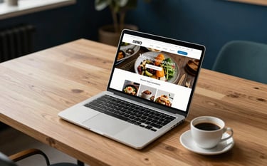 A high-angle photograph of a bright, modern wooden desk. A sleek laptop displays a professional website for a local Mediterranean restaurant. Beside the laptop is a cup of coffee. The room has soft lighting and accents of dark navy blue and muted teal in the decor, conveying efficiency.