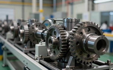 Industrial photography of a custom-built mechanical assembly line for the automotive industry. The composition uses a shallow depth of field, focusing on steel gears and high-quality machining, set in a professional US-based production plant.