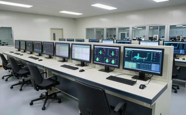 A wide-angle professional shot of a modern industrial control room in a North American facility. A clean, forward-thinking environment where digital screens display real-time analytics for a smart factory production line, featuring off-white and dark navy surfaces.