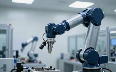 A close-up photograph of a high-precision robotic arm in a clean, modern North American manufacturing facility. The scene features cool lighting with accents of dark navy and steel blue, highlighting the metallic textures and advanced industrial sensors.