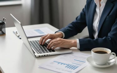 A clean, minimalist home office in the United States. A professional consultant's hands are visible as they type on a sleek laptop surrounded by neatly organized financial documents and a cup of coffee. The room is filled with soft, natural morning light. Elements of the room include dark navy and light blue decor, creating a sophisticated and trustworthy atmosphere.
