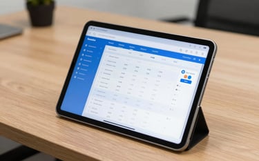 A close-up photograph of a tablet screen displaying a sophisticated financial savings dashboard with clean lines and medium blue accents. The tablet sits on a high-quality light wood desk in a modern North American office. The lighting is bright and professional, highlighting the clarity of the data shown.