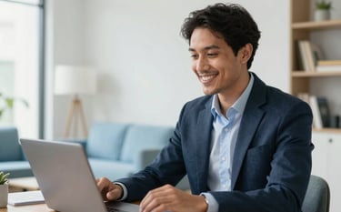 A professional person in North American business casual attire is seen smiling warmly while engaging in a video consultation from a bright, sophisticated apartment in the US. The background is slightly out of focus, showing off-white walls and light blue furnishings, conveying a sense of efficient, modern remote service.