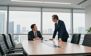 An elegant photography of a luxury boardroom overlooking a bright metropolitan horizon, symbolizing global success and mentorship, professional atmosphere, Global / Francophone context, palette of near white and dark blue.