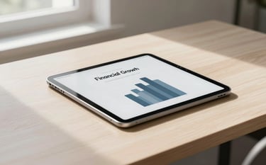 A high-quality photography of a sleek digital tablet resting on a minimalist light wood desk, displaying an elegant eBook cover about financial growth, soft natural morning light coming through a window, Global / Francophone interior setting, palette colors of near white and light blue-grey.