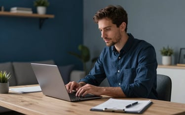 Photography of a modern and sophisticated home workspace where a professional person is focusing on a laptop, ambient soft lighting highlighting a clean atmosphere of progress and expertise, Global / Francophone urban setting, using a palette of dark blue and muted blue.