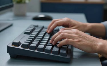 A close-up shot of hands typing on a high-quality mechanical keyboard. The background is a soft-focus office with slate blue and dark navy decor, suggesting professional focus and digital craftsmanship.