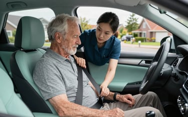 A high-quality photo from inside a clean, modern car where a caregiver is helping a senior passenger with a seatbelt in a suburban Northern European / Dutch neighborhood. Reassuring atmosphere, soft seafoam green accents in the car's interior details.