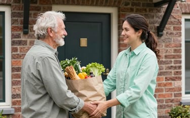 A heartwarming photography of a professional assistant wearing a soft mint green shirt, delivering a bag of fresh groceries to an elderly person at the front door of a cozy, modern Northern European / Dutch brick home. Bright, natural daylight, focusing on the friendly interaction.