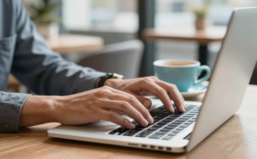 A close-up photograph of a professional's hands typing on a laptop in a bright, modern North American / US cafe. Beside the laptop is a soft blue ceramic coffee cup. The scene is clean, airy, and professional, utilizing natural daylight.