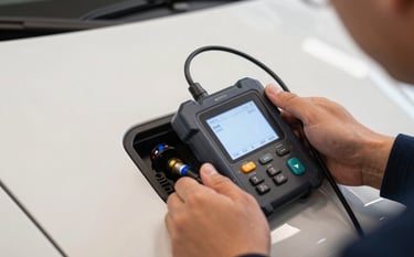 Professional photography of a technician's hand using a high-tech electronic programmer connected to a modern car's OBD port. The scene is clean and focused, with soft off-white lighting and subtle steel blue highlights on the equipment.