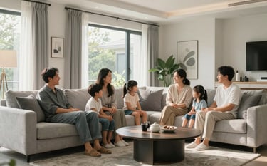 A heartwarming professional photograph of a family relaxing together in a modern, upscale North American / US home. The room is decorated in light gray and off-white tones, with soft, natural morning light creating a secure and comfortable atmosphere.