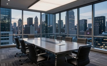 A wide shot of a sophisticated, glass-walled boardroom in a North American / Global Business hub overlooking a twilight cityscape. The scene reflects high-level strategy and professional expertise, with deep charcoal and silver tones throughout.